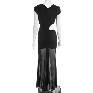 Detail of elegant black deep V-neck dress featuring asymmetric waist cutouts and mesh hem
