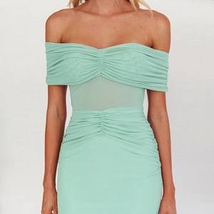 Mint green off-the-shoulder mesh ruched bodycon maxi dress with sheer waist detailing