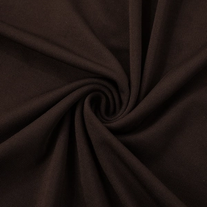 Detailed view of dark brown ribbed knit fabric with soft vertical texture and drape
