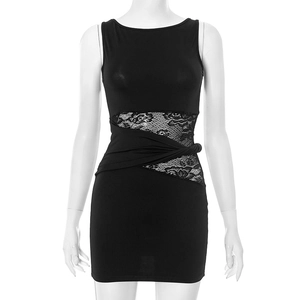 Detail of waist twist design and floral lace splicing on a black sleeveless fitted dress