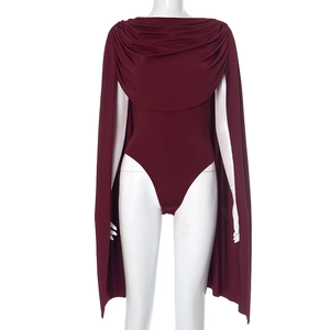 Deep burgundy sleeveless cowl neck bodysuit with elegant long cape detail and draped folds