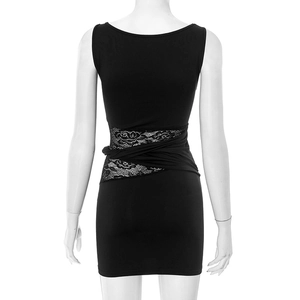Detail of waist lace patchwork and twisted pleats on black sleeveless mini dress