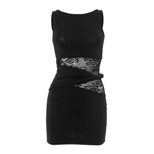 Detail of waist floral lace hollow patchwork and twist knot on black sleeveless dress