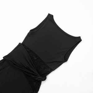 Detail of elegant black sleeveless dress with lace patchwork and stylish waist knot feature