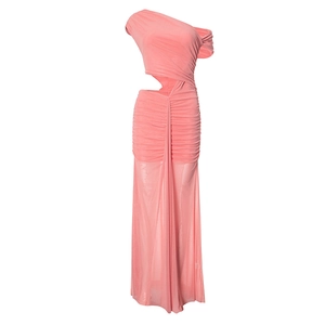 Detail showing pink one-shoulder dress with elegant side cutout and draped pleats