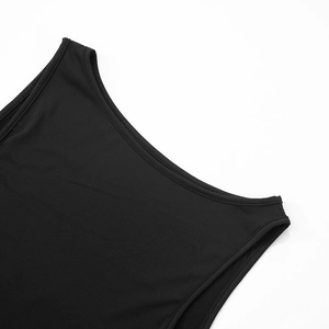 Close-up detail of smooth black crew neck stitching and premium sleeveless shoulder finish