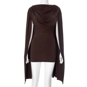 Detail of dark brown bodycon dress with draped cowl neckline and elegant side scarf