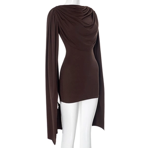Detail of cowl neck drape and extra-long sleeves on a slim chocolate mini dress