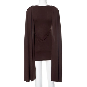 Detailed back view of a dark brown mini dress featuring a draped cape sleeve design
