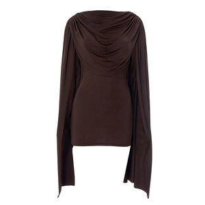 Detail of deep brown cowl neck sleeveless mini dress with unique cape sleeve design