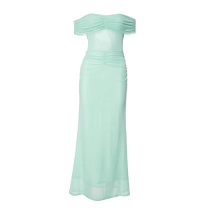 Detail of mint green mesh long dress featuring ruched strapless neckline and slim fit design