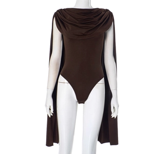Detail view of dark brown cowl neck bodysuit with long cape sleeve design