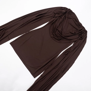 Detail view of the elegant draped neckline on this dark brown slim fit modal top