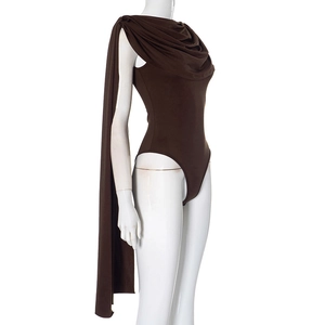 Detail of elegant dark brown sleeveless bodysuit featuring a long decorative shoulder cape