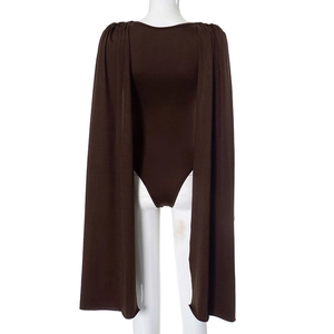 Rear view of deep brown backless bodysuit with elegant long draping shawl sleeves