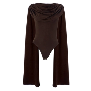 Detail of dark coffee cowl neck bodysuit featuring elegant draped long sleeves and fabric