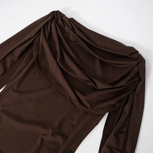 Close-up of elegant dark brown bodysuit featuring a draped cowl neck and silky knit fabric