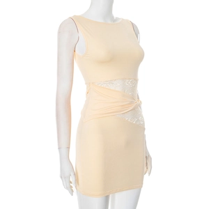 Detailed view of apricot sleeveless dress featuring waist twist knot and lace patchwork