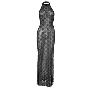 Detail of elegant black floral lace fabric on backless halter neck maxi dress