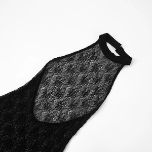 Detail of black lace halter neck dress with intricate floral openwork and texture