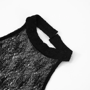 Close-up of black lace dress neck with back buckle and detailed floral mesh texture