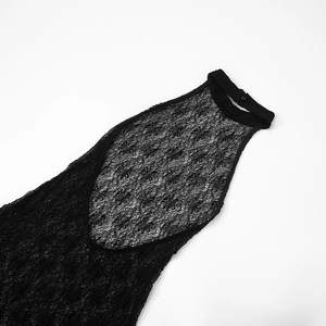 Close-up of black floral lace halter neck with a delicate button closure on dress
