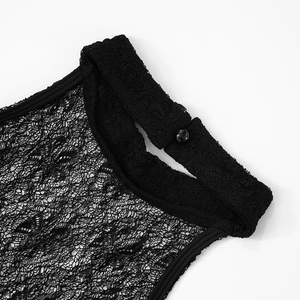 Macro detail of high collar black lace dress featuring delicate floral hollow patterns