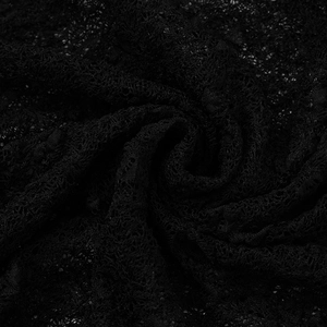 Macro detail of black lace crochet fabric showing intricate mesh texture and hollow pattern