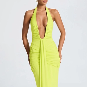 Detail of elegant halter V-neck dress featuring front ruffles and waist ruching