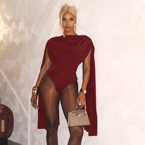 Detail view of burgundy sleeveless bodysuit featuring elegant draped cowl neck layering