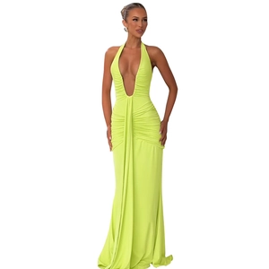 Elegant halter neck V-neck backless maxi dress in vibrant neon yellow with pleated waist