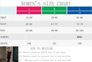 Women's size chart for sleeveless backless maxi dress including bust waist and hip data
