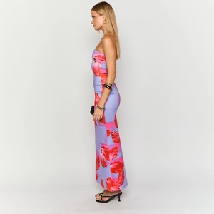 Elegant floral print strapless maxi dress with side profile view of a slim A-line silhouette
