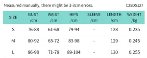Guide des tailles pour la robe longue dos nu trapèze élégante avec dimensions S, M et L