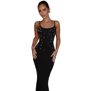 Elegant black slim fit maxi dress with spaghetti straps and sparkling rhinestone decor