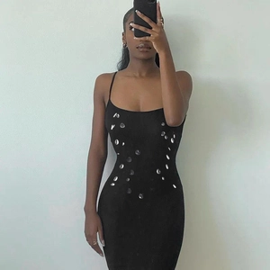 Sexy black bodycon maxi dress with rhinestone trim and thin spaghetti straps