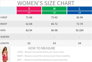 Women's floral bodycon mini dress size chart with chest, waist, and hip measurements in cm
