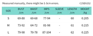 Detailed size chart for sexy tube backless mini dress with bust and hip measurements