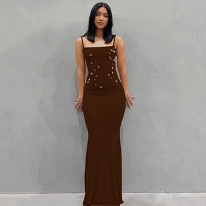 Slim fit brown sleeveless maxi dress with decorative sequins for women's party wear