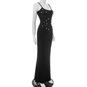 Detailed side view of slim fit black maxi dress with delicate straps and rhinestone sequins