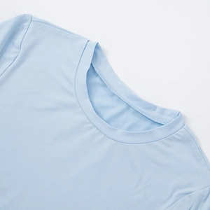 Detail of the crew neck and stitching on a light blue long sleeve lounge set