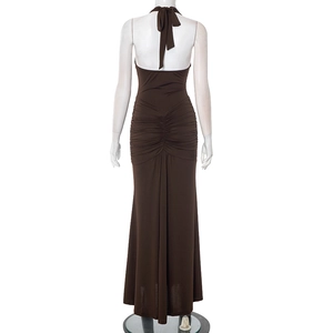 Detailed back view of dark brown halter neck maxi dress with elegant ruching detail