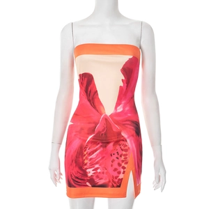 Close-up of floral print mini dress featuring a tube top design and side slit detail