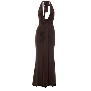 Detail view of deep V-neck and halter neck straps on a chocolate brown evening dress