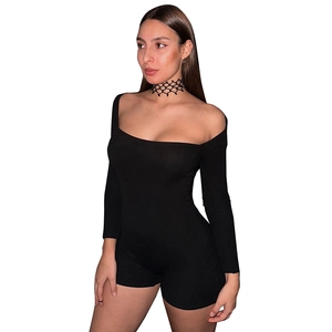 Sexy black ribbed long sleeve bodysuit with U-neck and open back for women