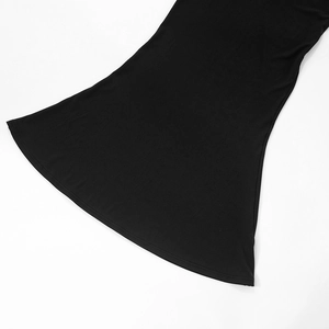 Detail of black ribbed knit fabric showing the flared hemline and fine stitching of the dress