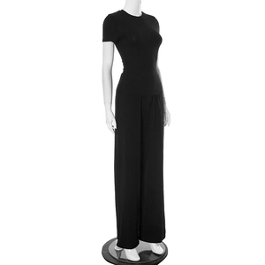 Close-up detail of soft knit fabric texture on this black wide-leg trousers set