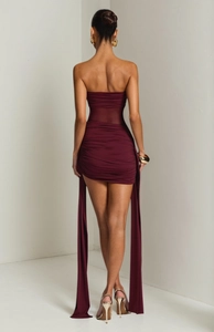 Rear view of burgundy bodycon mini dress featuring mesh patchwork and elegant side drapes
