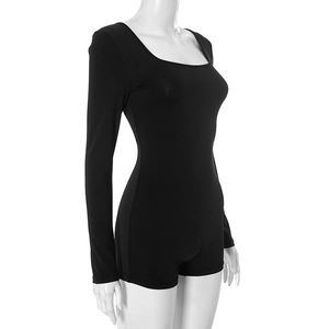 Side view of a black long-sleeve bodysuit with U-neck and backless design on a mannequin