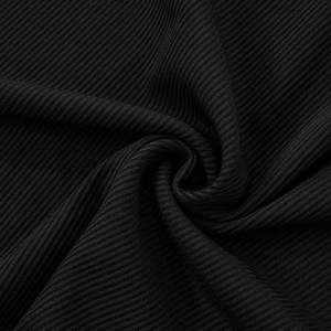 Close-up of black ribbed knit fabric texture with vertical striped structure and elasticity